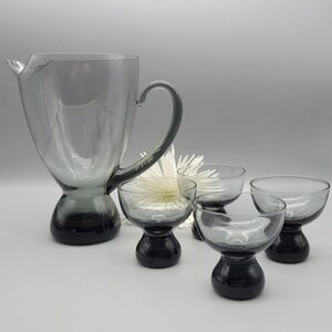 Mid Century Modern Vintage Morgantown Round Smoke Glass Cocktail Pitcher Set